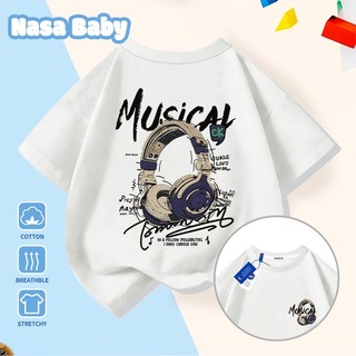 Áo thun in hình tai nghe NASA tay ngắn, dành cho nam nữ trẻ em, chất liệu cotton.