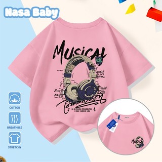 Áo thun in hình tai nghe NASA tay ngắn, dành cho nam nữ trẻ em, chất liệu cotton.