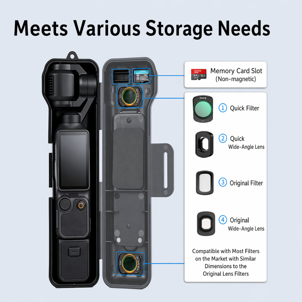 Hộp Đựng Bảo Vệ cho DJI Osmo Pocket 4/3, Hộp Đựng Đa Năng Chống Sốc với Ngăn Chứa Kính Lọc Nam Châm, Khe Thẻ Nhớ, Nắp Lật, Thiết Kế Nhẹ Gọn cho Du Lịch