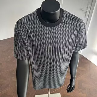 Mùa Hè Cao Cấp Sọc Đan Tay Ngắn Nam Mỹ Retro Kinh Doanh Thường Ngày Thoáng Khí Slim-fit Cổ Tròn Áo Thun