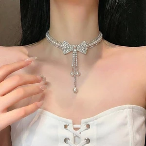 Vòng cổ ngọc trai nơ CZ zircon và tua rua mạ bạc - Trang sức buổi tối sang trọng dành cho nữ