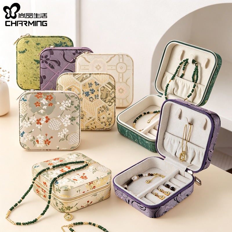 CASEGRACE Hộp đựng trang sức du lịch có móc vòng cổ, lớp lót nhung, khóa kéo cho dây chuyền, vòng tay, nhẫn Hộp quà lưu trữ trang sức