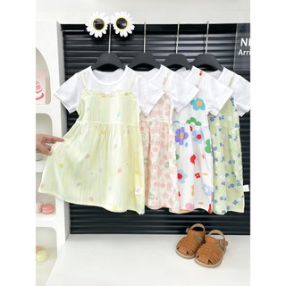 MuyoNowo Bé Gái Giả Hai Mảnh Hoa Cami Đầm Tay Ngắn Trẻ Em Mùa Hè In Hình Sundress