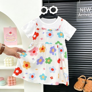 MuyoNowo Bé Gái Giả Hai Mảnh Hoa Cami Đầm Tay Ngắn Trẻ Em Mùa Hè In Hình Sundress