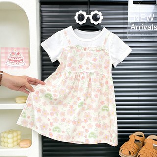MuyoNowo Bé Gái Giả Hai Mảnh Hoa Cami Đầm Tay Ngắn Trẻ Em Mùa Hè In Hình Sundress