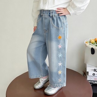 MuyoNowo Bé Gái Đầy Màu Sắc Ngôi Sao Thêu Rời Thẳng Quần Denim Co Giãn Eo Quần Jean Trẻ Em