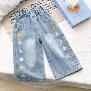 MuyoNowo Bé Gái Đầy Màu Sắc Ngôi Sao Thêu Rời Thẳng Quần Denim Co Giãn Eo Quần Jean Trẻ Em