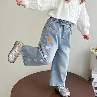 MuyoNowo Bé Gái Đầy Màu Sắc Ngôi Sao Thêu Rời Thẳng Quần Denim Co Giãn Eo Quần Jean Trẻ Em