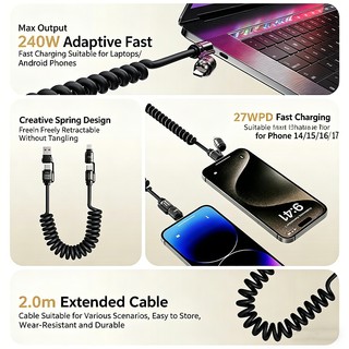 240W 4 trong 1 Lò xo có thể thu vào Cáp dữ liệu sạc xe hơi Sạc nhanh USB C Dây cho IOS Android Hỗ trợ CarPlay