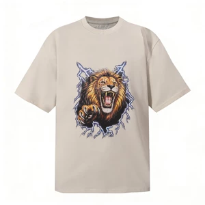 Unisex Quá Khổ Vintage Giặt Áo Thun Tay Ngắn Màu Đen, Phong Cách Tan Chảy Lightning Roaring Lion In