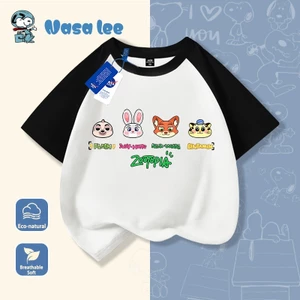 Áo thun học sinh kiểu Mỹ, đồng phục gia đình, trẻ em in hình Zootopia - Thành phố động vật điên cuồng, phong cách rộng rãi, cổ tròn, tay ngắn