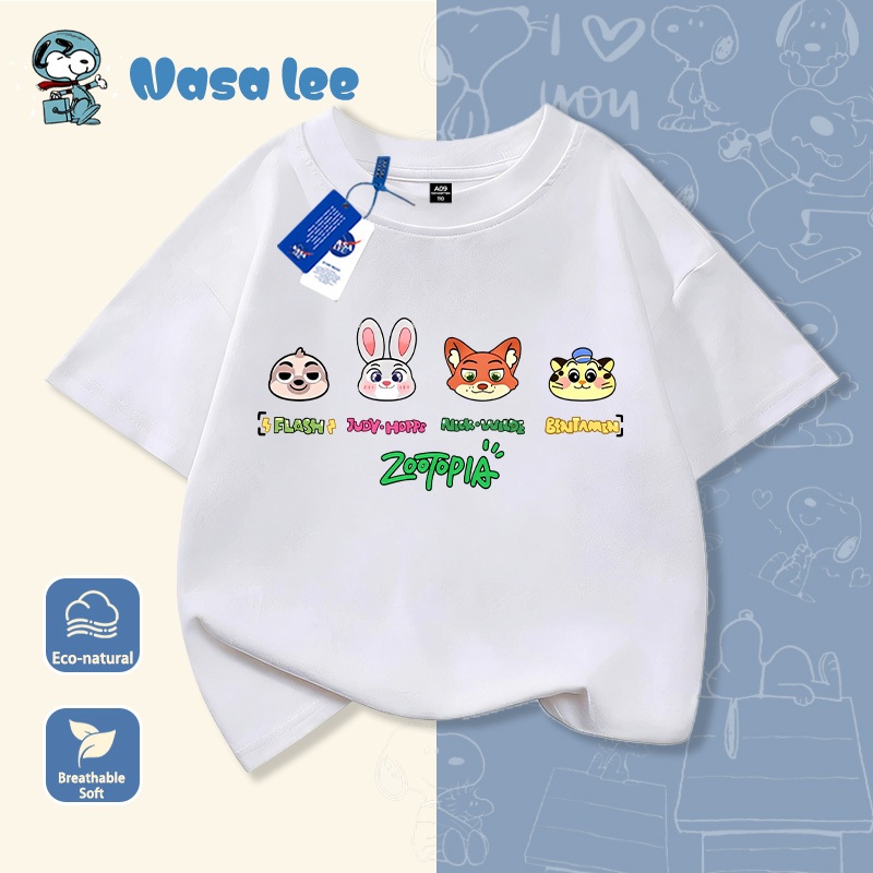 Áo thun học sinh kiểu Mỹ, đồng phục gia đình, trẻ em in hình Zootopia - Thành phố động vật điên cuồng, phong cách rộng rãi, cổ tròn, tay ngắn