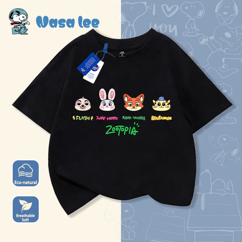 Áo thun học sinh kiểu Mỹ, đồng phục gia đình, trẻ em in hình Zootopia - Thành phố động vật điên cuồng, phong cách rộng rãi, cổ tròn, tay ngắn