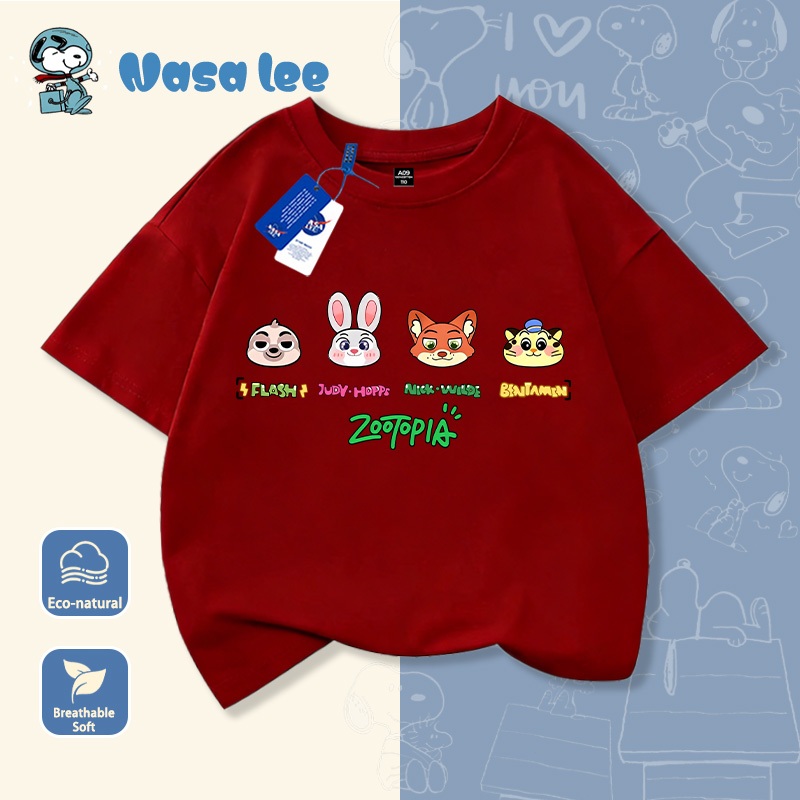 Áo thun học sinh kiểu Mỹ, đồng phục gia đình, trẻ em in hình Zootopia - Thành phố động vật điên cuồng, phong cách rộng rãi, cổ tròn, tay ngắn