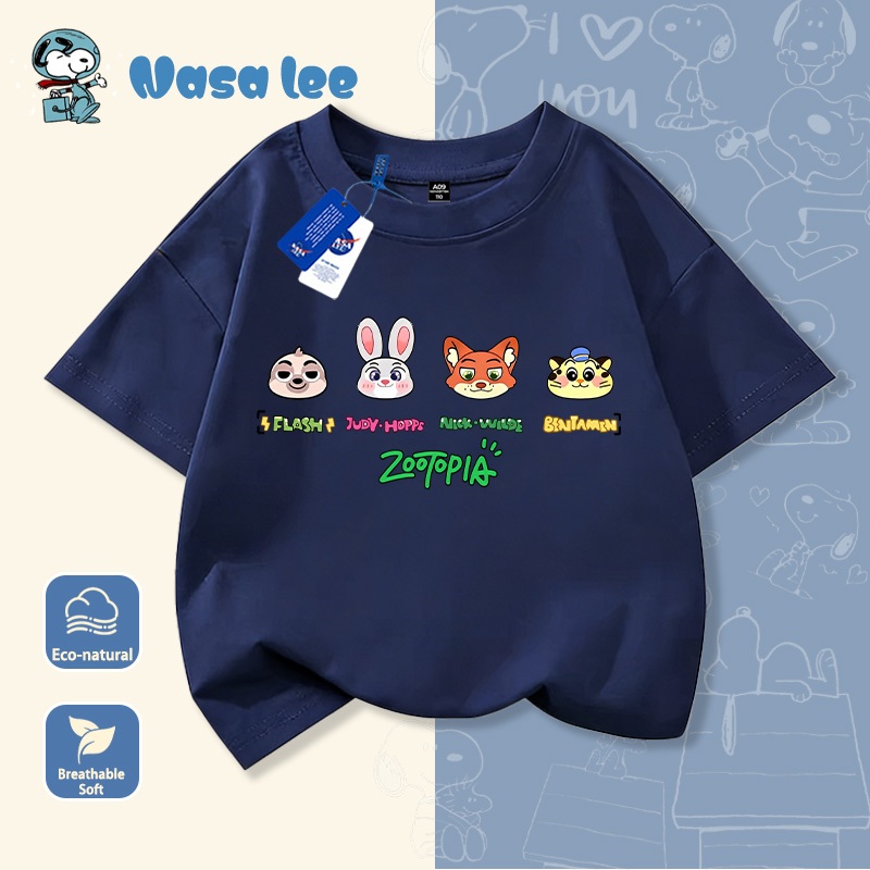 Áo thun học sinh kiểu Mỹ, đồng phục gia đình, trẻ em in hình Zootopia - Thành phố động vật điên cuồng, phong cách rộng rãi, cổ tròn, tay ngắn