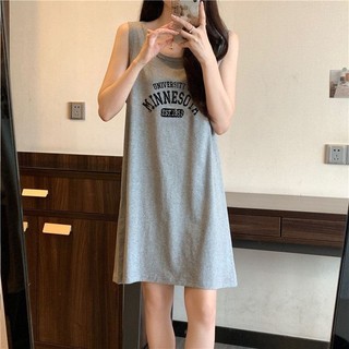 Váy ngủ không tay in chữ phong cách đại học dành cho nữ