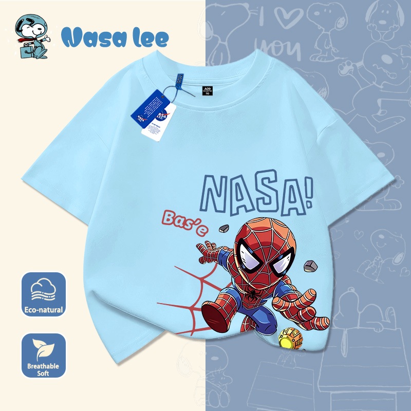Áo thun ngắn tay nam hè cho bé trai phiên bản hợp tác với NASA, chất liệu cotton, phong cách phóng khoáng mạnh mẽ