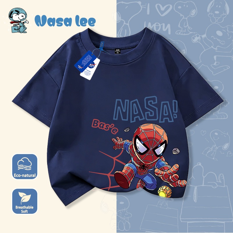 Áo thun ngắn tay nam hè cho bé trai phiên bản hợp tác với NASA, chất liệu cotton, phong cách phóng khoáng mạnh mẽ