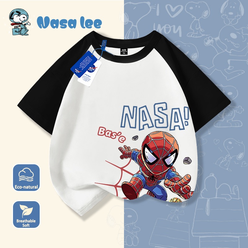 Áo thun ngắn tay nam hè cho bé trai phiên bản hợp tác với NASA, chất liệu cotton, phong cách phóng khoáng mạnh mẽ