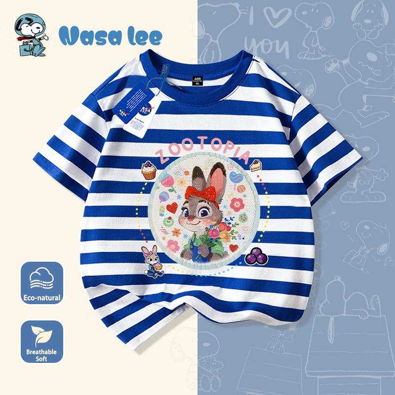 Áo thun cộc tay cotton mùa hè cho trẻ em phiên bản hợp tác với NASA, áo thun cartoon nhiều màu in hình Zootopia thành phố động vật điên cuồng, dành cho cả bé trai và bé gái
