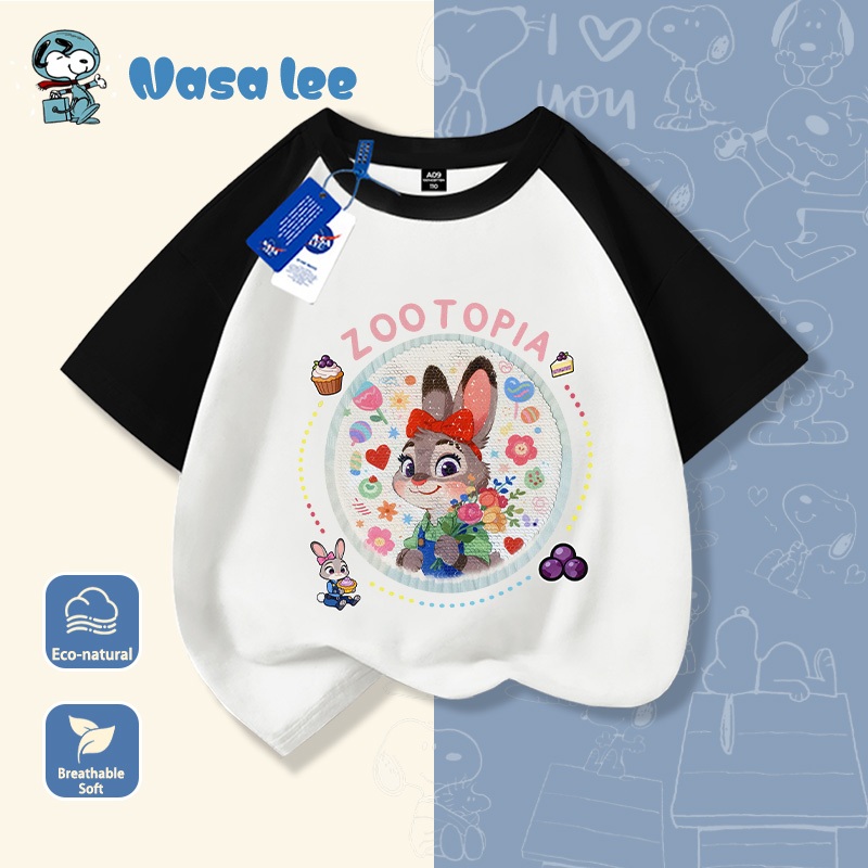 Áo thun cộc tay cotton mùa hè cho trẻ em phiên bản hợp tác với NASA, áo thun cartoon nhiều màu in hình Zootopia thành phố động vật điên cuồng, dành cho cả bé trai và bé gái