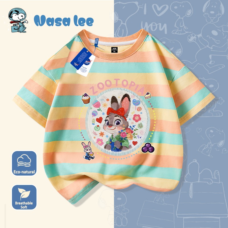 Áo thun cộc tay cotton mùa hè cho trẻ em phiên bản hợp tác với NASA, áo thun cartoon nhiều màu in hình Zootopia thành phố động vật điên cuồng, dành cho cả bé trai và bé gái