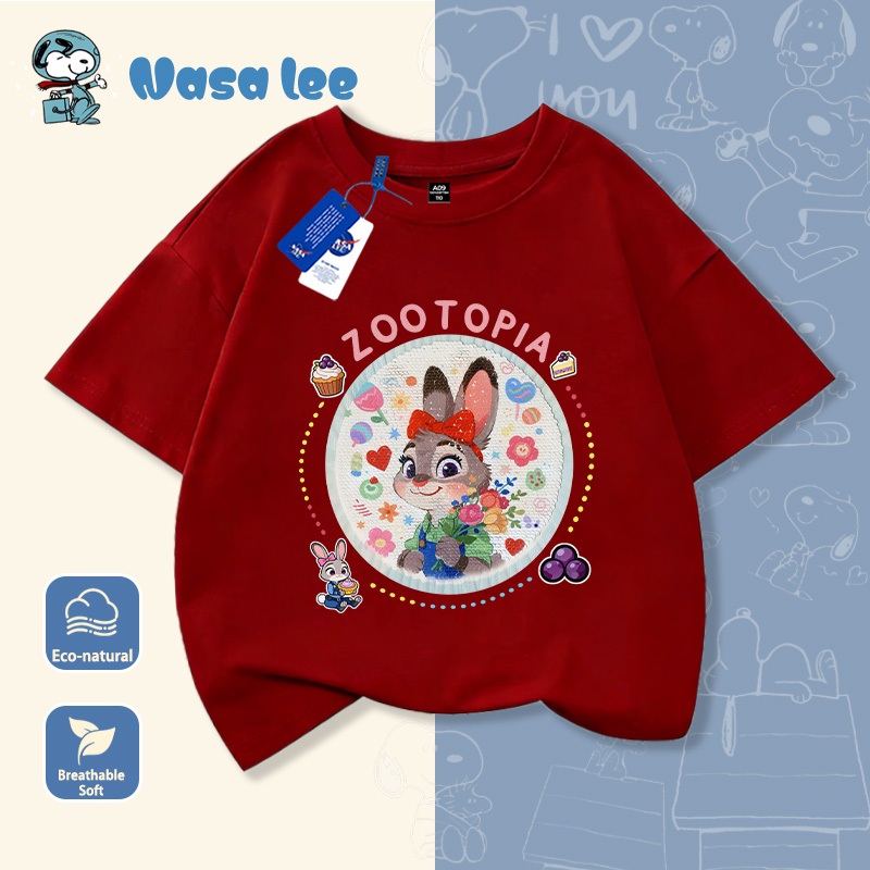 Áo thun cộc tay cotton mùa hè cho trẻ em phiên bản hợp tác với NASA, áo thun cartoon nhiều màu in hình Zootopia thành phố động vật điên cuồng, dành cho cả bé trai và bé gái
