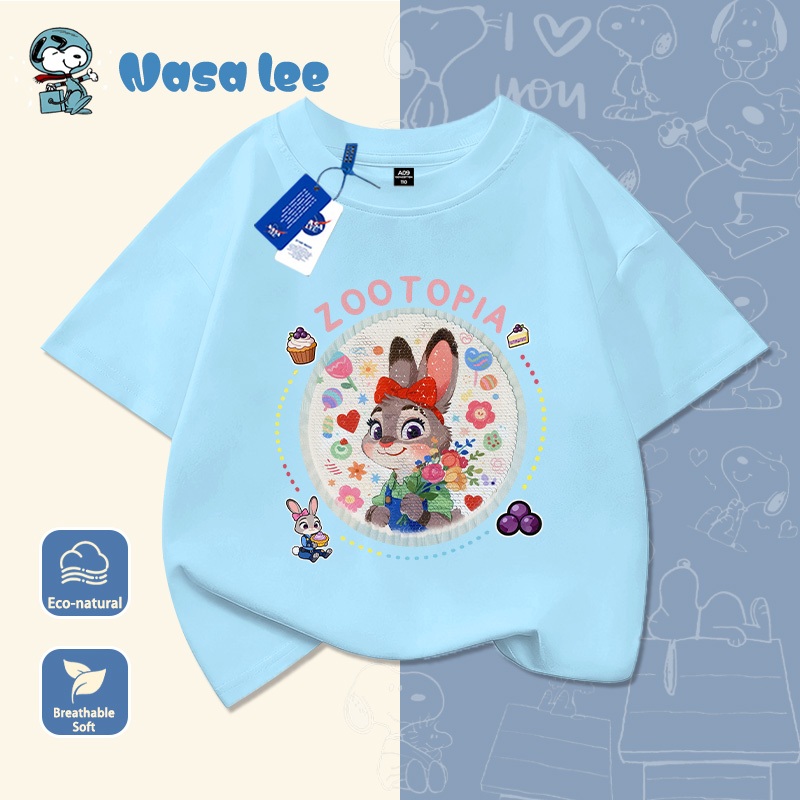 Áo thun cộc tay cotton mùa hè cho trẻ em phiên bản hợp tác với NASA, áo thun cartoon nhiều màu in hình Zootopia thành phố động vật điên cuồng, dành cho cả bé trai và bé gái