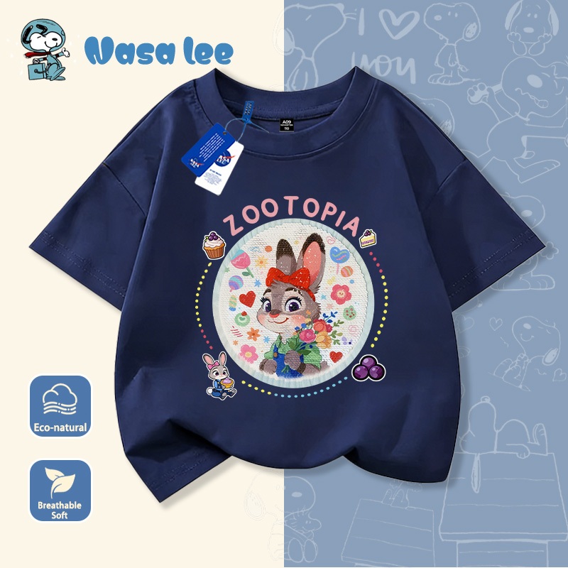 Áo thun cộc tay cotton mùa hè cho trẻ em phiên bản hợp tác với NASA, áo thun cartoon nhiều màu in hình Zootopia thành phố động vật điên cuồng, dành cho cả bé trai và bé gái