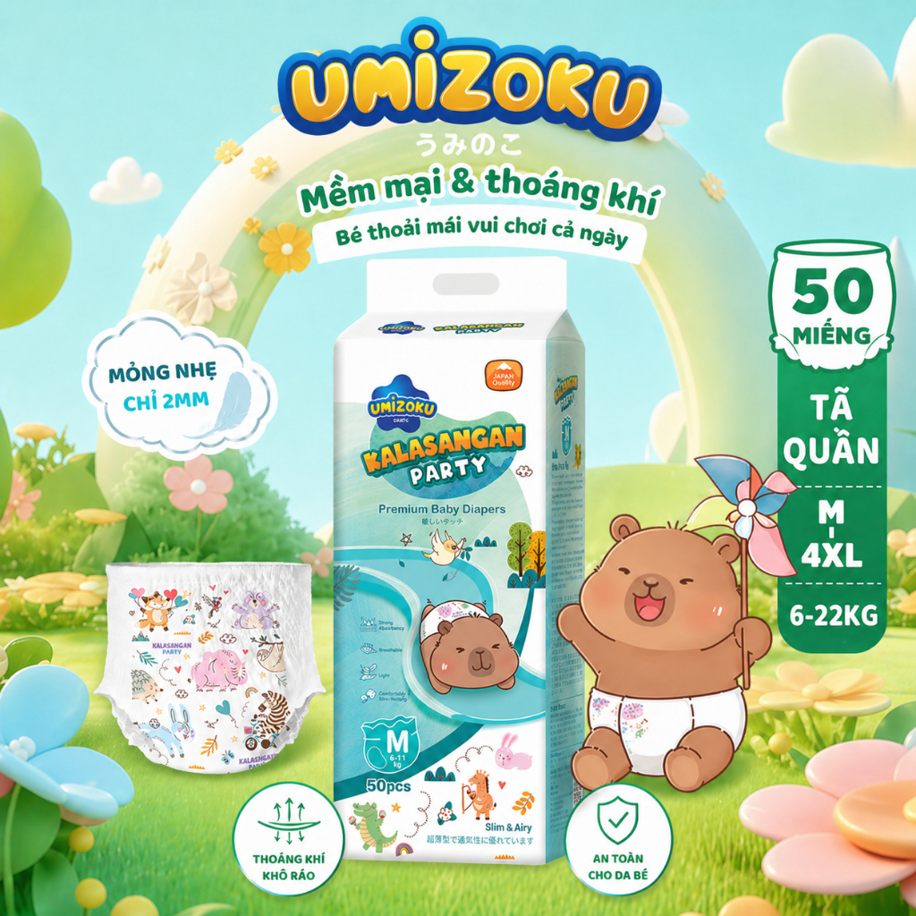 Tã bỉm trẻ em UMIZOKU siêu mỏng, mềm mại, phù hợp cho cả bé trai và bé gái, 50 miếng.