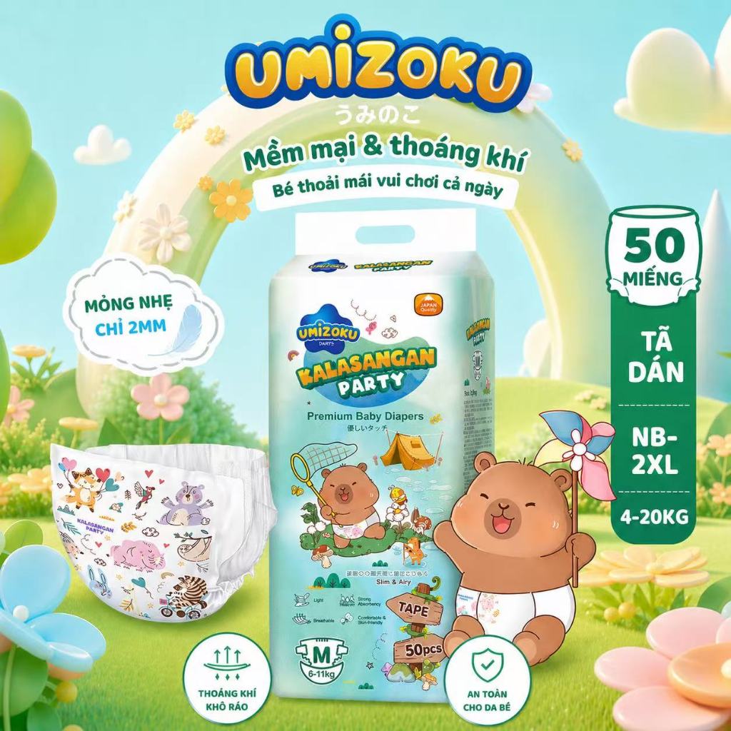 Tã dán cho bé UMIZOKU 50 miếng, đủ mọi kích cỡ, thoáng khí và khô ráo.
