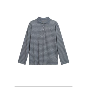 Áo sơ MI Polo ngoại cỡ màu xám Unisex, Áo thun dài tay cổ sọc đại học MI có Logo Mini
