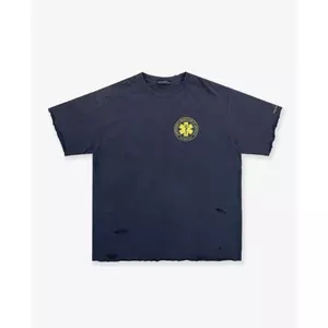 Áo thun đau khổ màu xanh hải quân đã giặt, áo thun ngắn tay in hình ngôi sao EMS cỡ lớn Unisex