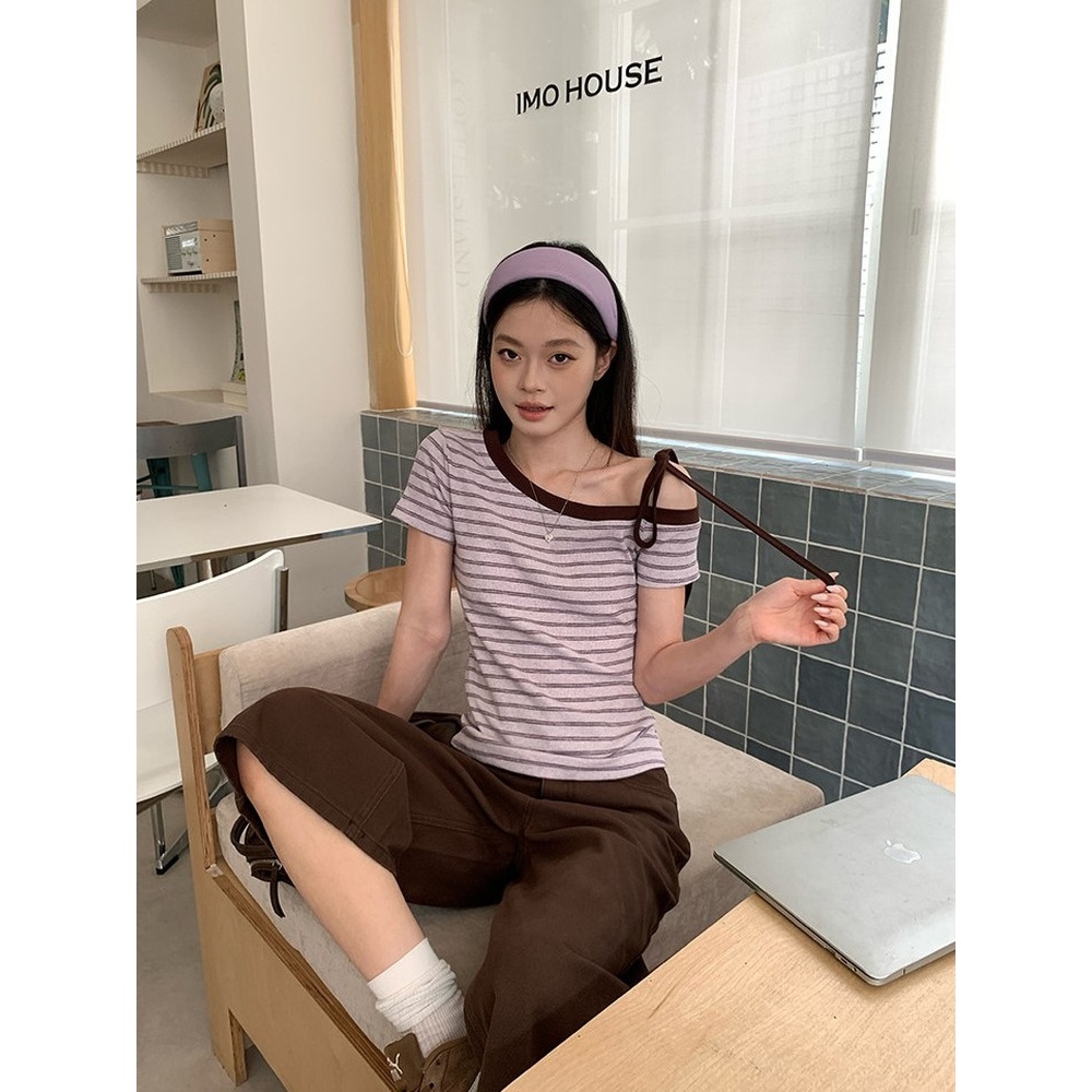 【BANKO】Áo thun nữ tay ngắn phong cách Hàn Quốc, slim-fit sọc xanh phối ren, phù hợp mùa hè