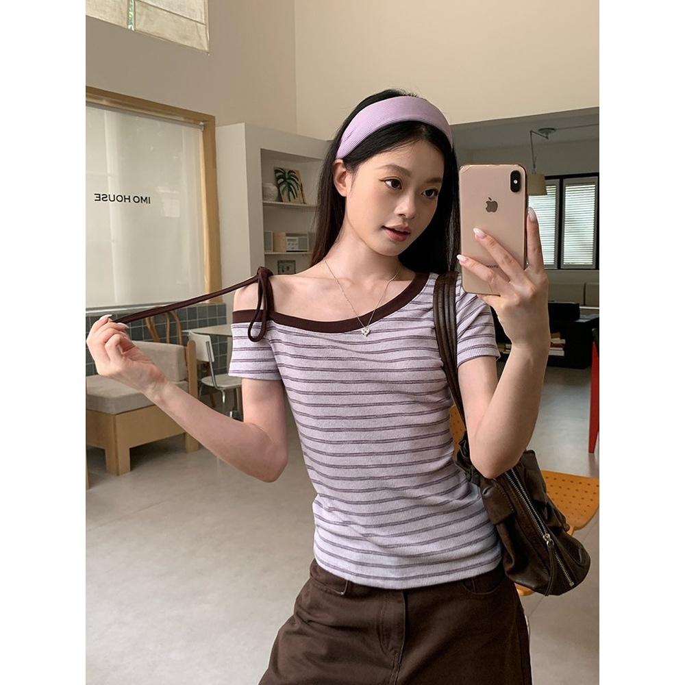 【BANKO】Áo thun nữ tay ngắn phong cách Hàn Quốc, slim-fit sọc xanh phối ren, phù hợp mùa hè