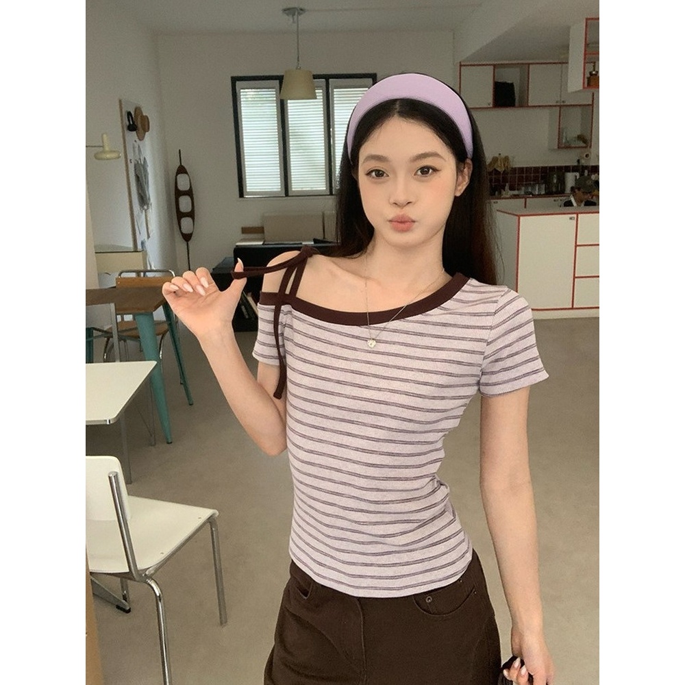 【BANKO】Áo thun nữ tay ngắn phong cách Hàn Quốc, slim-fit sọc xanh phối ren, phù hợp mùa hè