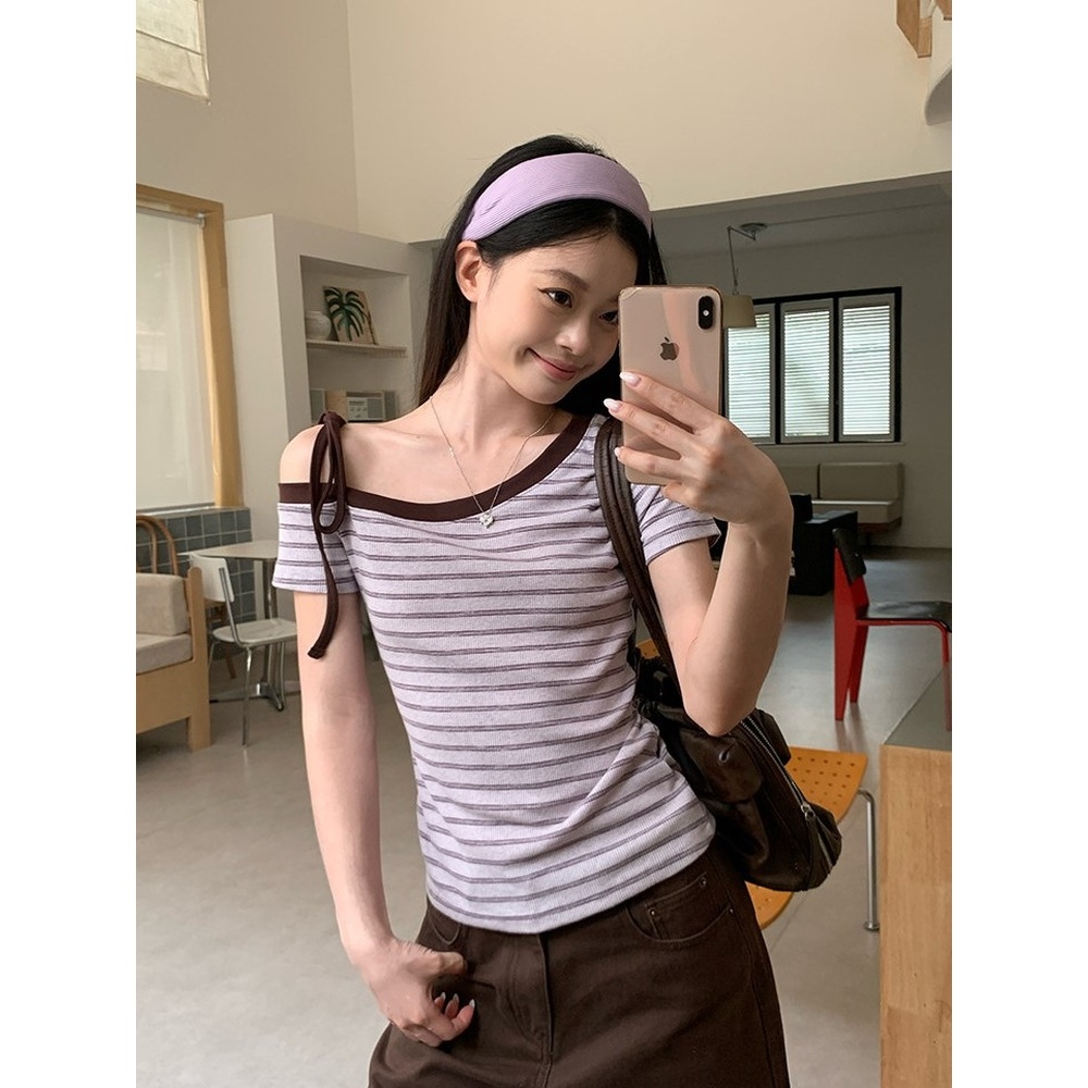 【BANKO】Áo thun nữ tay ngắn phong cách Hàn Quốc, slim-fit sọc xanh phối ren, phù hợp mùa hè