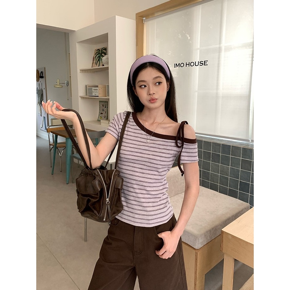 【BANKO】Áo thun nữ tay ngắn phong cách Hàn Quốc, slim-fit sọc xanh phối ren, phù hợp mùa hè