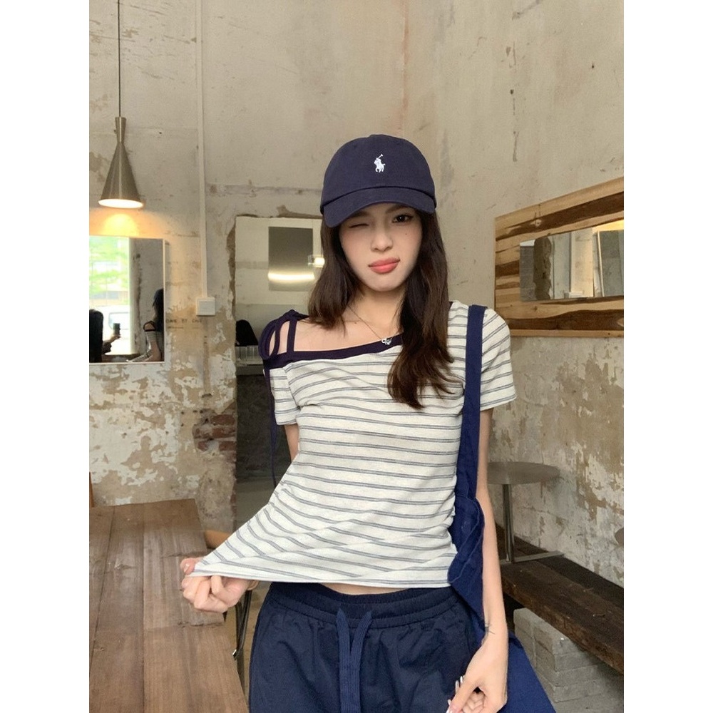 【BANKO】Áo thun nữ tay ngắn phong cách Hàn Quốc, slim-fit sọc xanh phối ren, phù hợp mùa hè