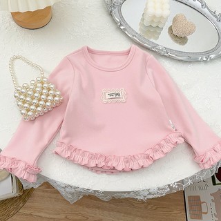 MuyoNowo Girls Ruffle Hem Dài Tay Cơ Bản Top Ren Nhãn Mềm Co Giãn Trẻ Em Áo Lót