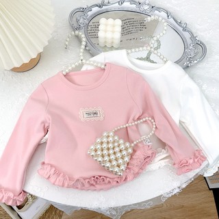 MuyoNowo Girls Ruffle Hem Dài Tay Cơ Bản Top Ren Nhãn Mềm Co Giãn Trẻ Em Áo Lót