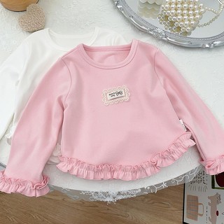 MuyoNowo Girls Ruffle Hem Dài Tay Cơ Bản Top Ren Nhãn Mềm Co Giãn Trẻ Em Áo Lót