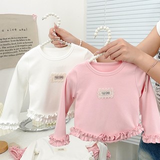 MuyoNowo Girls Ruffle Hem Dài Tay Cơ Bản Top Ren Nhãn Mềm Co Giãn Trẻ Em Áo Lót