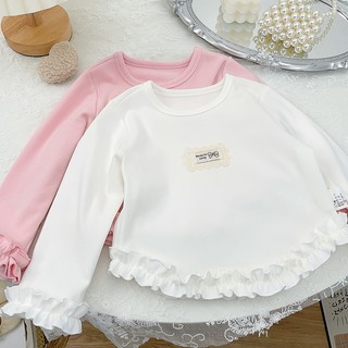 MuyoNowo Girls Ruffle Hem Dài Tay Cơ Bản Top Ren Nhãn Mềm Co Giãn Trẻ Em Áo Lót