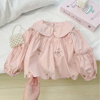 MuyoNowo Bé Gái 100% Cotton Thêu Hoa Áo Búp Bê Cổ Phồng Tay Dài Trẻ Em Áo Sơ Mi