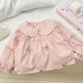 MuyoNowo Bé Gái 100% Cotton Thêu Hoa Áo Búp Bê Cổ Phồng Tay Dài Trẻ Em Áo Sơ Mi