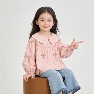 MuyoNowo Bé Gái 100% Cotton Thêu Hoa Áo Búp Bê Cổ Phồng Tay Dài Trẻ Em Áo Sơ Mi