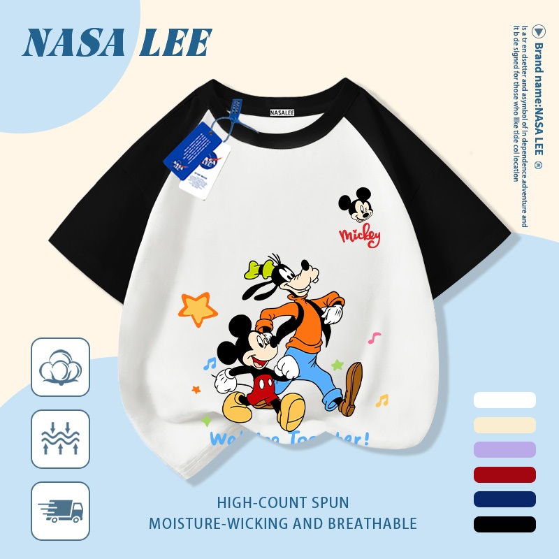 [Giao hàng trong ngày] Áo thun Cotton trắng nguyên chất thoáng khí cho trẻ em NASA Chuột Mickey In hình hợp thời trang bé trai 3-16 tuổi bé gái tay ngắn thông thường 1