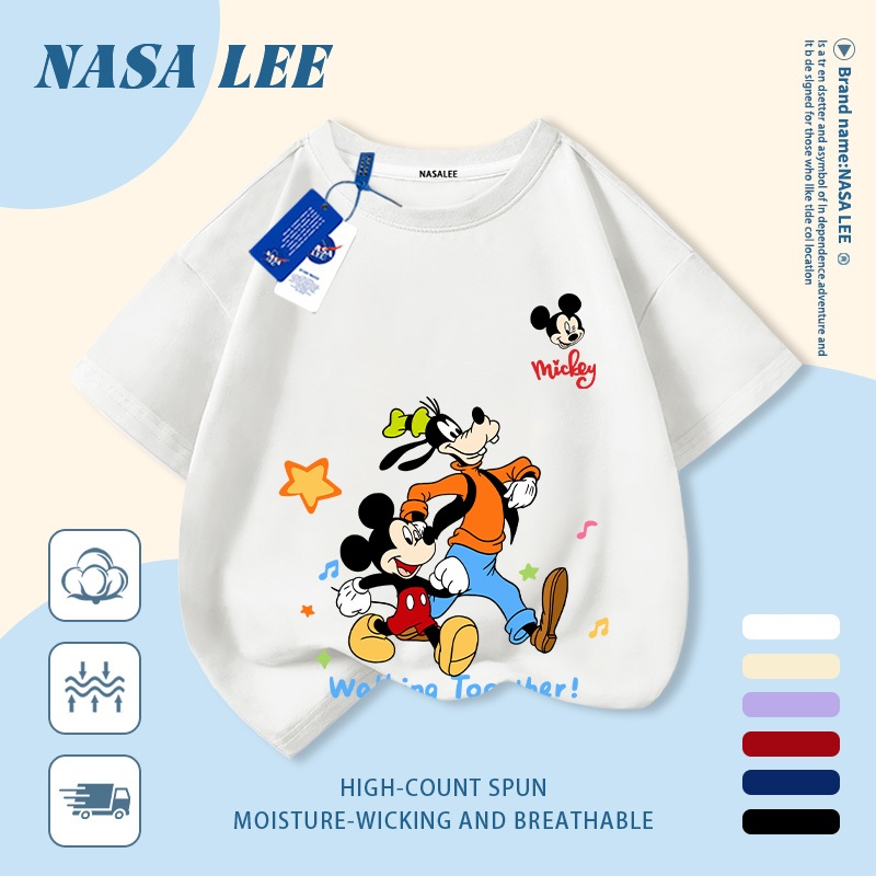 [Giao hàng trong ngày] Áo thun Cotton trắng nguyên chất thoáng khí cho trẻ em NASA Chuột Mickey In hình hợp thời trang bé trai 3-16 tuổi bé gái tay ngắn thông thường 1