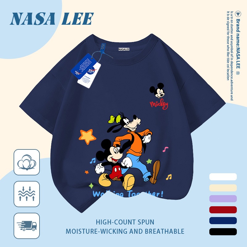 [Giao hàng trong ngày] Áo thun Cotton trắng nguyên chất thoáng khí cho trẻ em NASA Chuột Mickey In hình hợp thời trang bé trai 3-16 tuổi bé gái tay ngắn thông thường 1